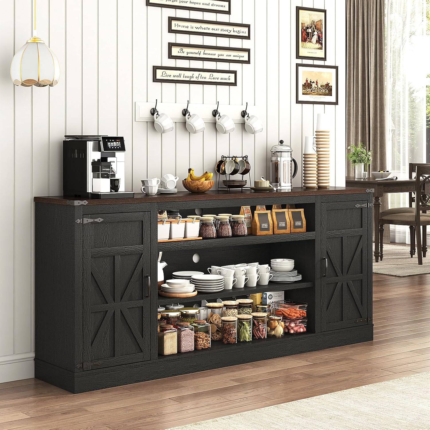 75" Farmhouse TV Stand with Power Outlets for 85 Inch TVs, 33" Tall Entertainment Center with Storage Cabinets w/Adjustable Shelves, Rustic Large TV Media Console, Black