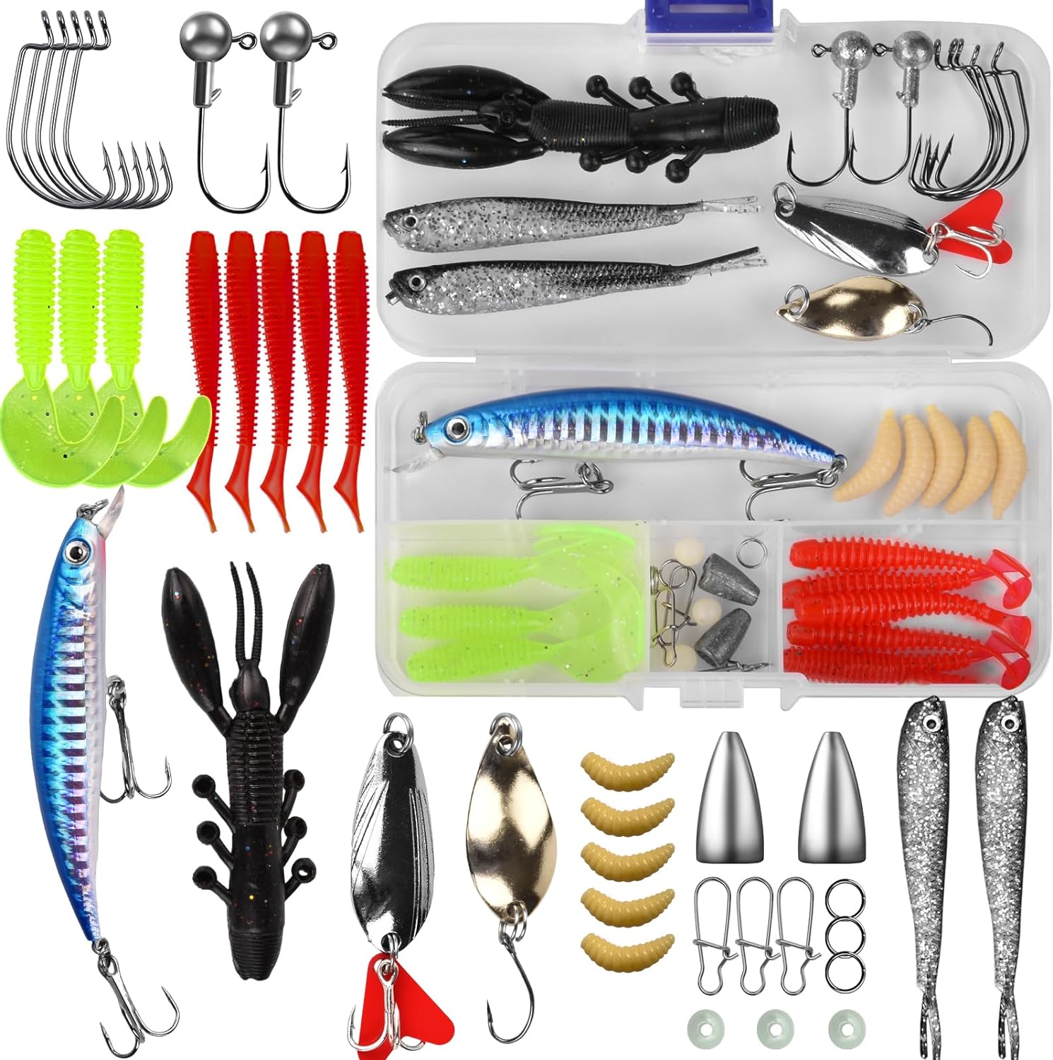 VOOGLASS 38pc Fishing Lures Kit for Bass Trout Salmon - Lifelike Shrimp Worm Spoon Crankbait Jigs in Portable Tackle Box