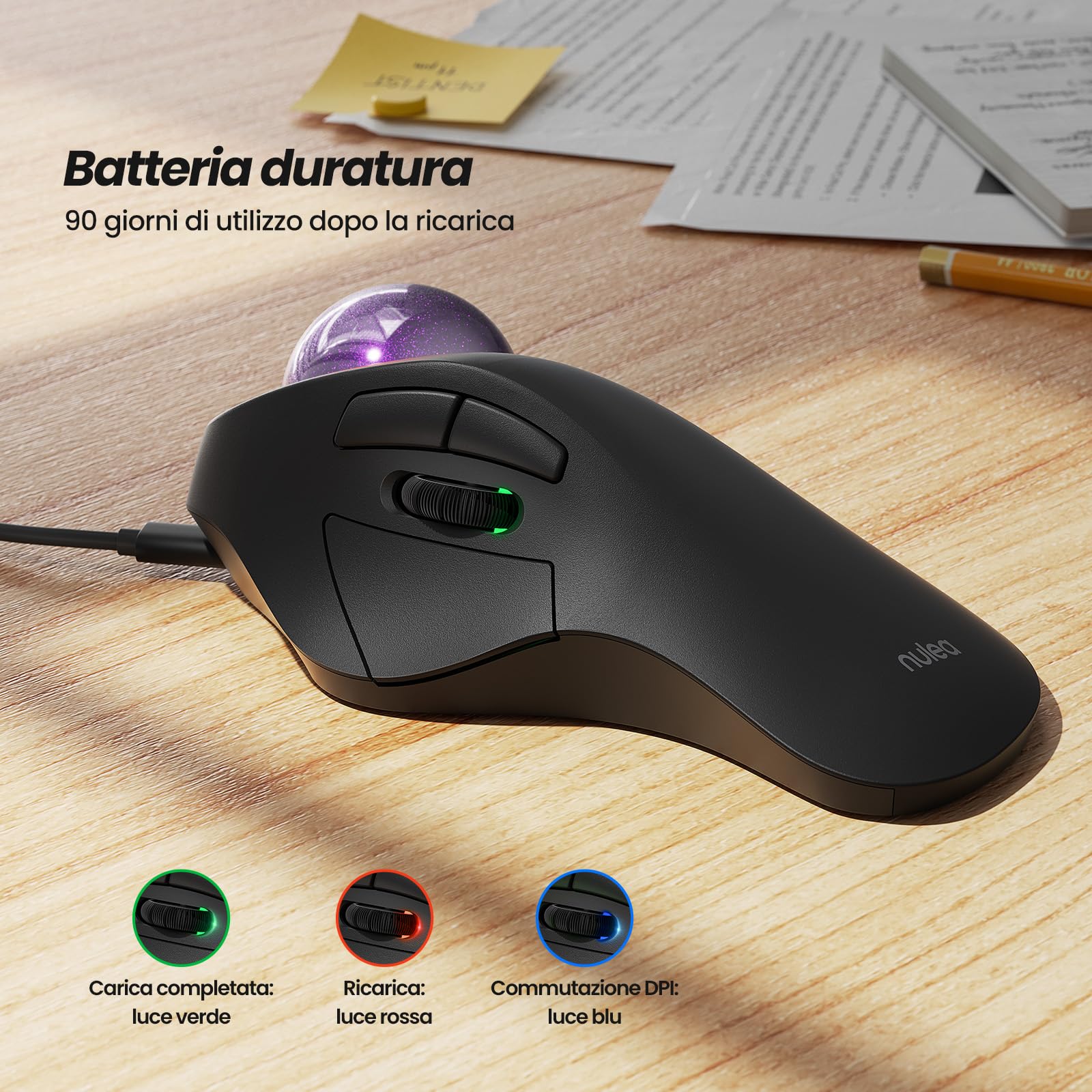 Nulea Mouse trackball wireless, design ergonomico ricaricabile, controllo del dito indice con 5 DPI regolabili, connessione a 3 dispositivi, compatibile per PC, laptop, iPad, Mac, Windows, Android