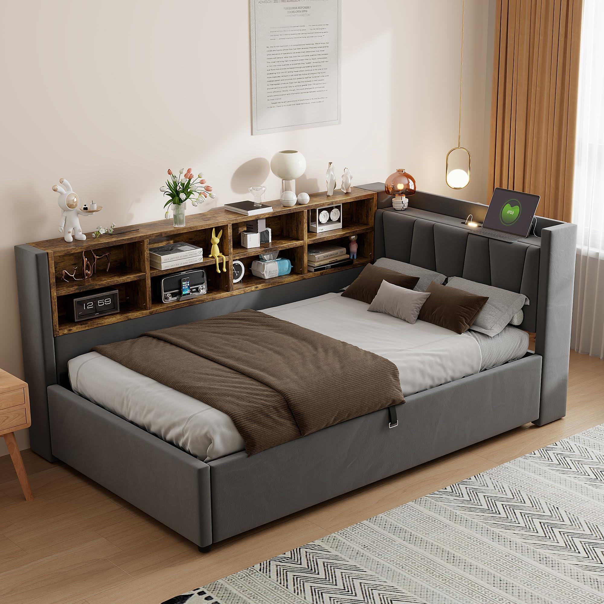 Divano letto 90 x 200 cm, letto imbottito con vano portaoggetti idraulico, con luce notturna, porta di ricarica USB e tipo C, con ripiani e scomparti, testiera imbottita, tessuto in velluto (grigio