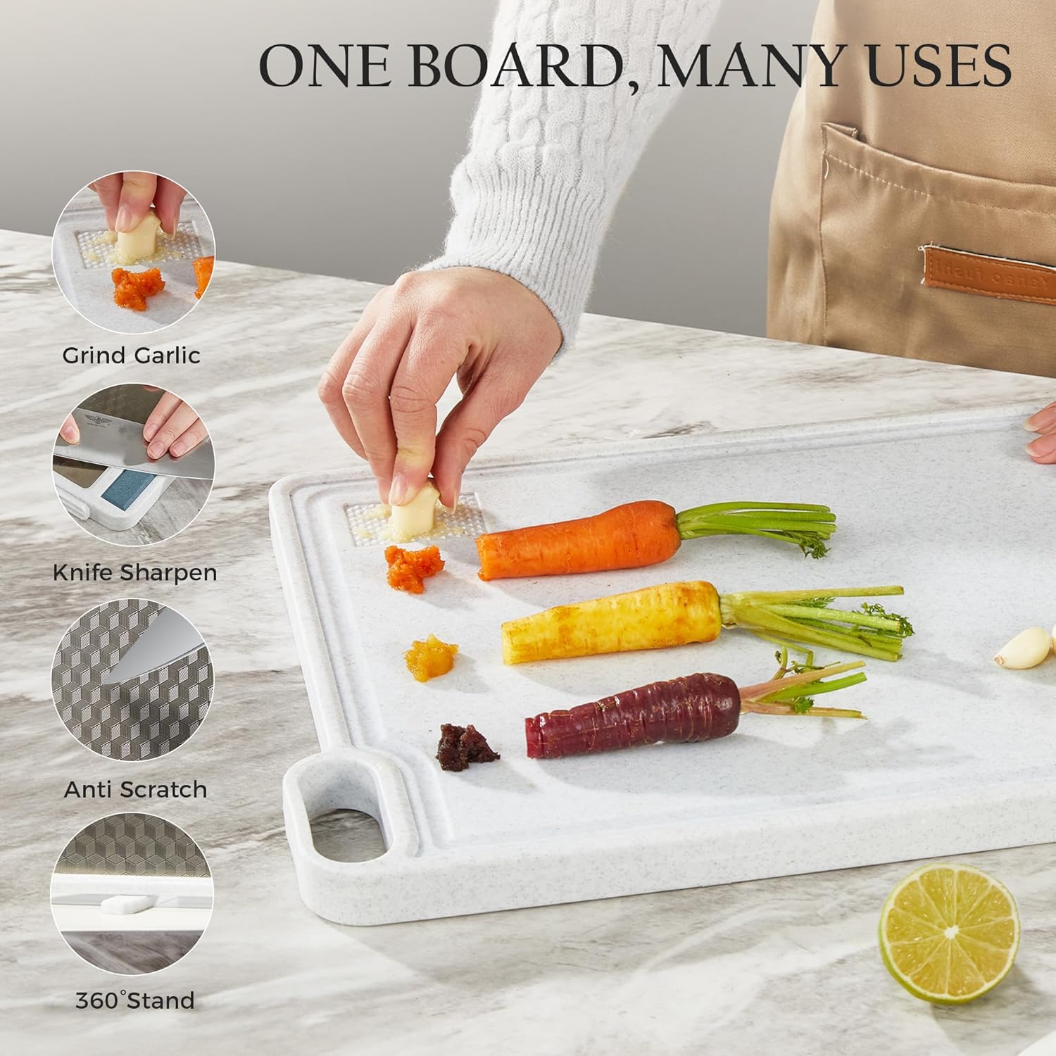 KITEXPERT Stainless Steel Cutting Boards for Kitchen, Double Sided Metal Cutting Board with 360° Stand Garlic Presser Knife Sharper, Large Cutting Board 304 Steel and PP 16.5"×12", Easy to Clean