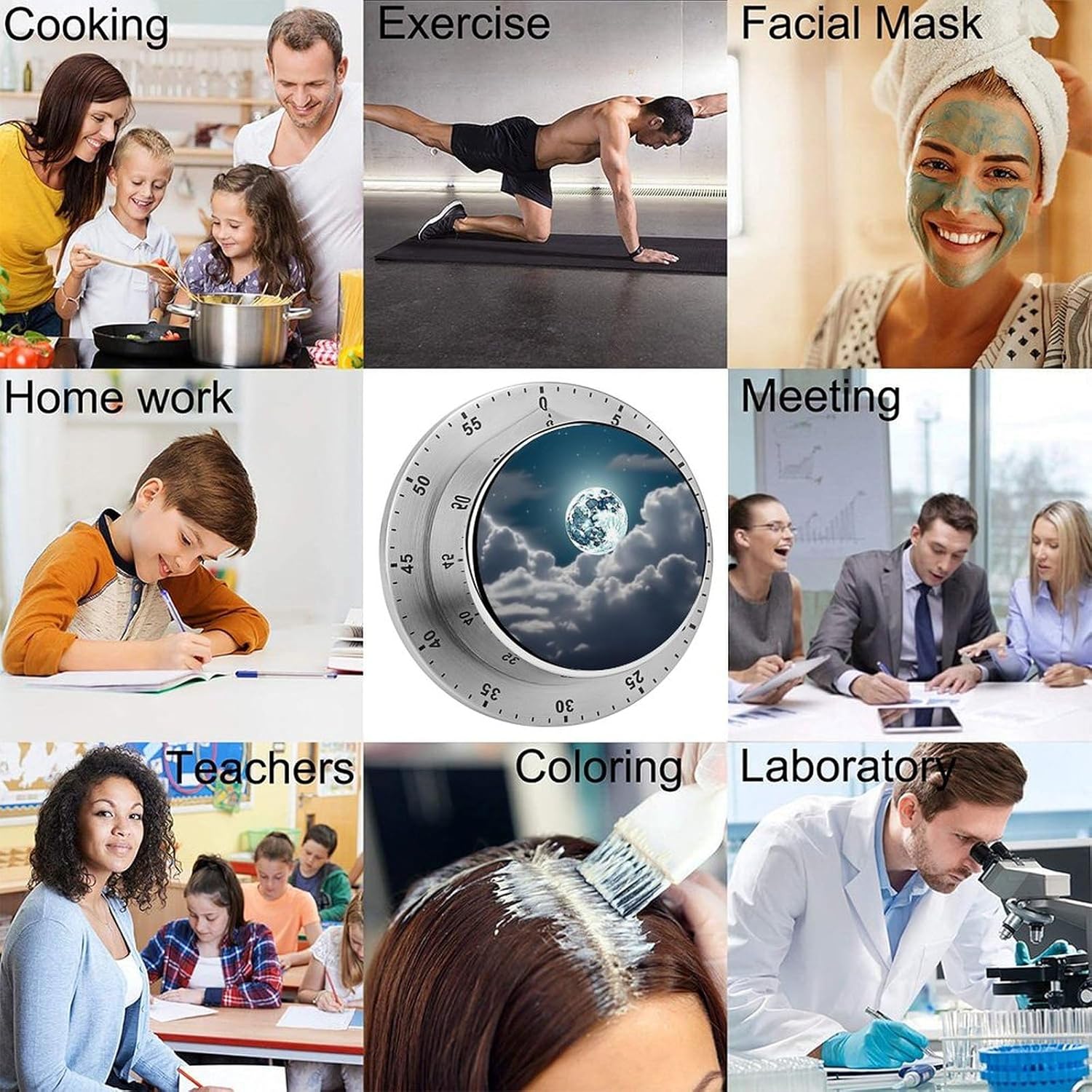 Night Full Moon Timer Stainless Steel Kitchen Timers Waterproof & Rust-Proof 60 Minute Mechanical Timer with Loud Alarm for Cooking, Baking, Fitness