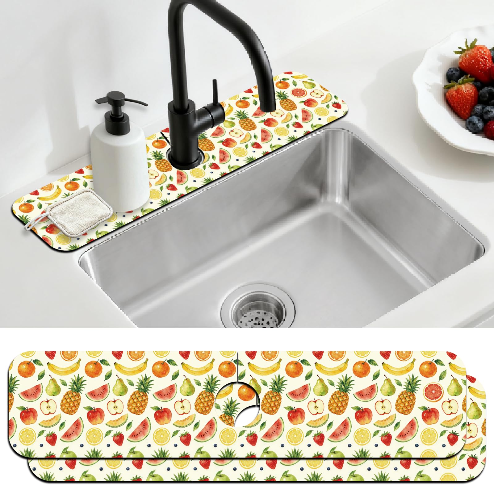CONCHLERY 2Pcs Colorful Fruits Pattern Kitchen Sink Splash Guard Faucet Mat Strawberries Apples Pineapple Lemon Cantaloupe Banana Blueberry Faucet Mat for Bathroom Kitchen 5.5x23.6In