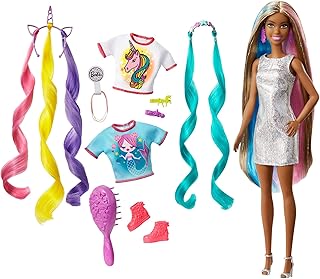 Barbie Fantasy Hair Doll, Brunette, with 2 Decorated Crowns, 2 Tops & Accessories for Mermaid and Unicorn Looks, Plus Hairstyling Pieces, for Kids 3 to 7 Years Old, Multi, Model:GHN05