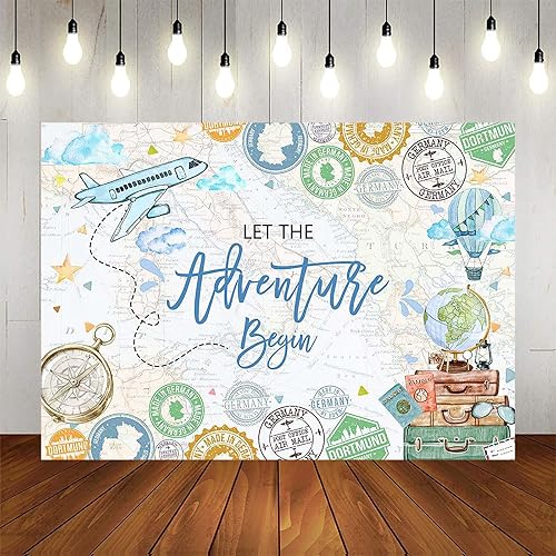 Miniatura 3 de Avezano Fondo de viaje con texto en inglés "Let The Adventure Begin", cartel de fotografía con mapa del mundo de avión, fondo de viaje para