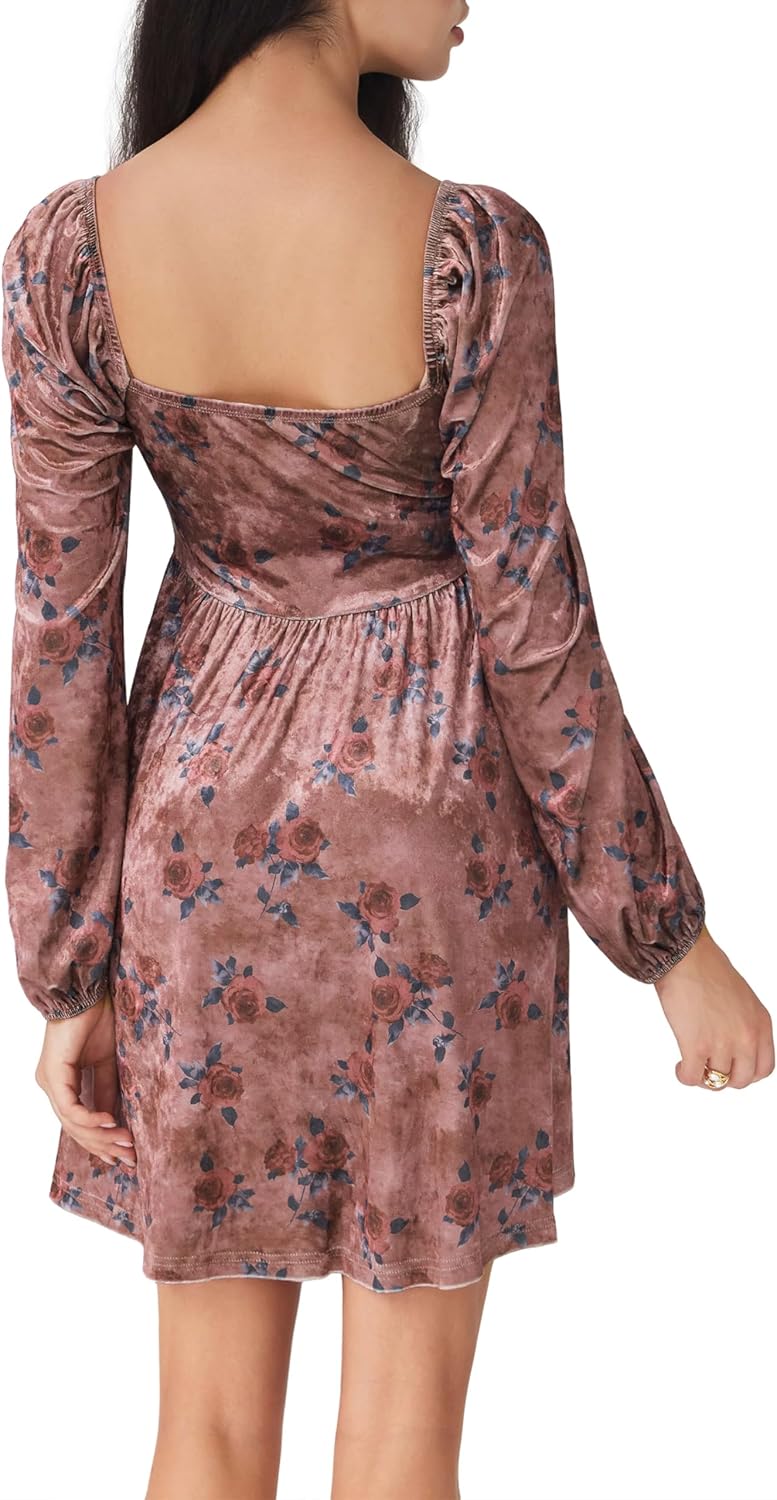 CIDER Womens Floral Velvet Dress Square Neck Long Sleeve Mini Dress - Image 5
