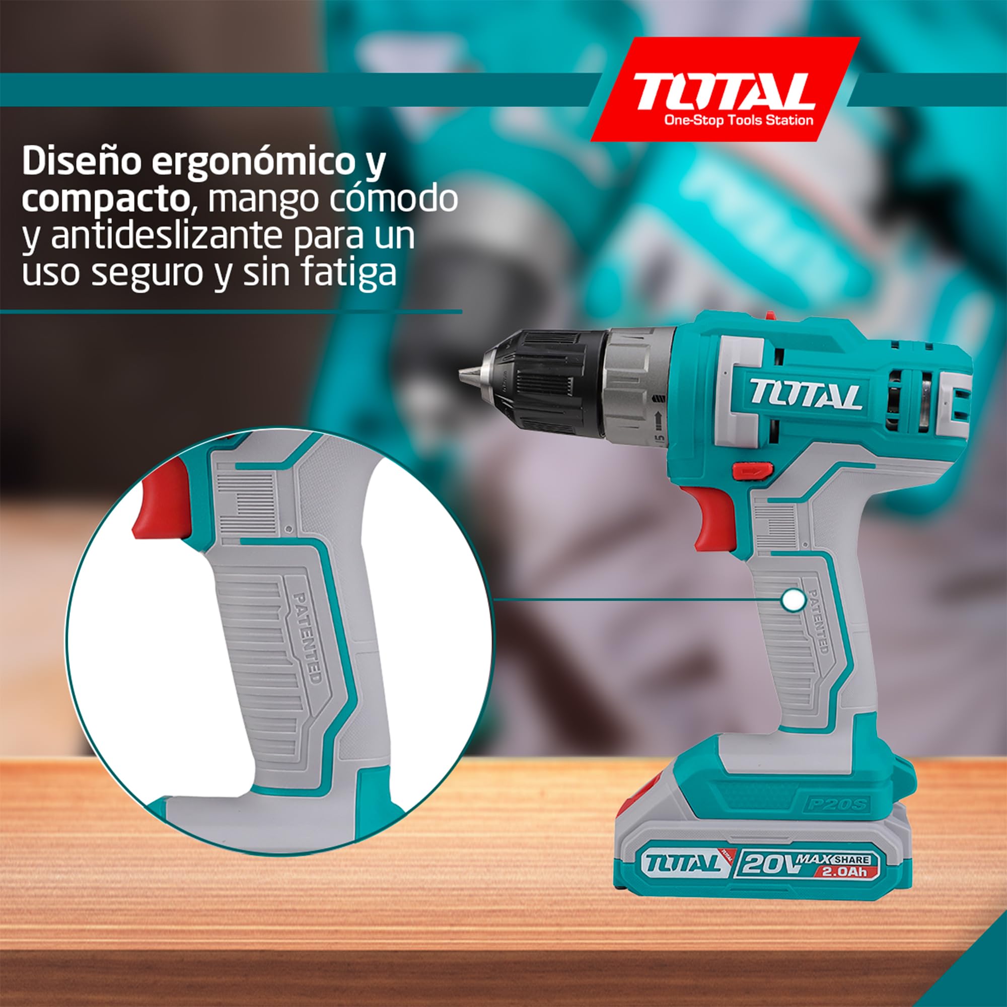 TOTAL - Taladro Atornillador a Batería - 20V - incluye una Batería de 2 Ah y cargador - Portabrocas con Autobloqueo - Máximo Par 45 Nm - Ideal para Bricolaje y Proyectos en Casa - Azul