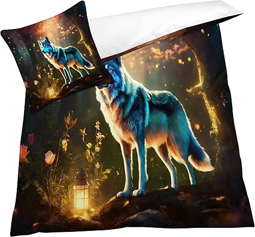 OmErsa Wolf Duvet Cover Twin Size Set, Animal Forest Bedding Bedroom Decor, Comforter Cover & 2 Pillowcases 3 Pieces, Home Collection Quilt Cover
