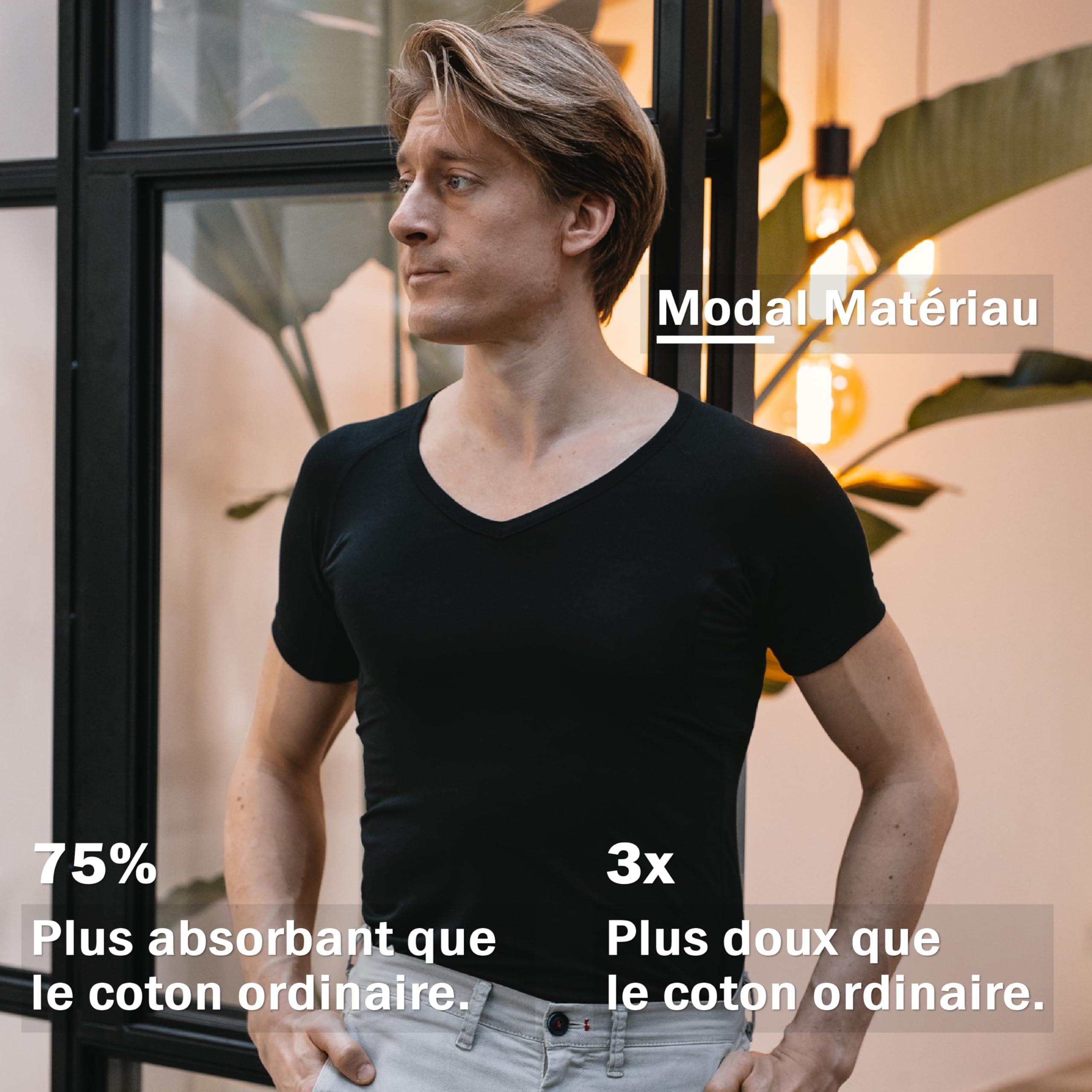 T-Shirt Anti Transpiration - T-Shirt Contre Les Taches de Sueur - Tee Shirt Anti Transpirant - avec ArmPads Pro & Traitement à l'argent - Hommes - Col en V