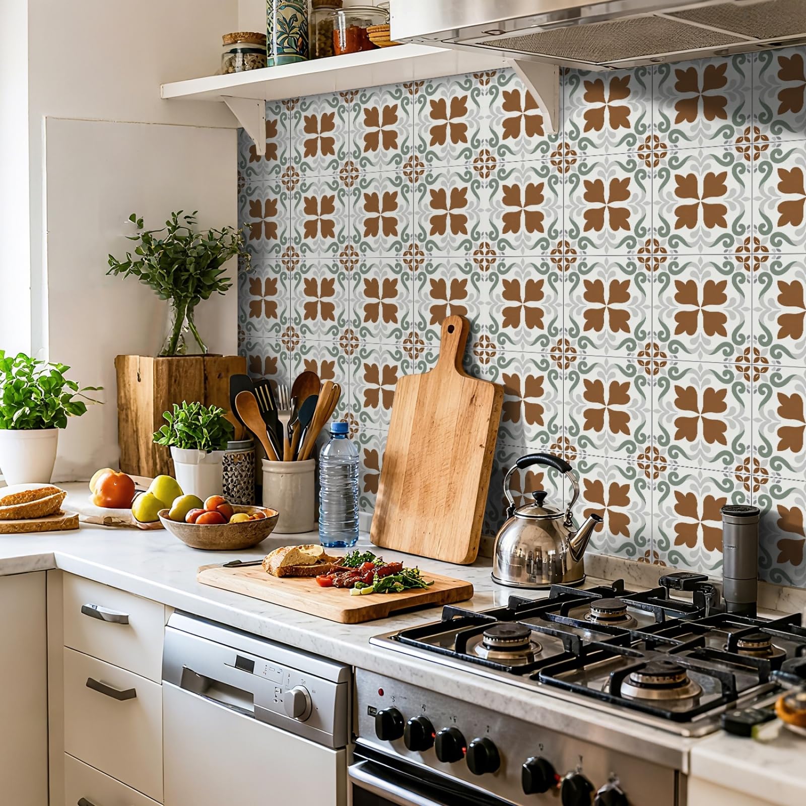 Peel and Stick Wall Tiles Bohemian Brown Green Tiles Self Adhesive PVC Home Decor Backsplash Kitchen Tile Stickers Waterproof Tile Stickers for Bathroom 20x20cm /24 Pcs