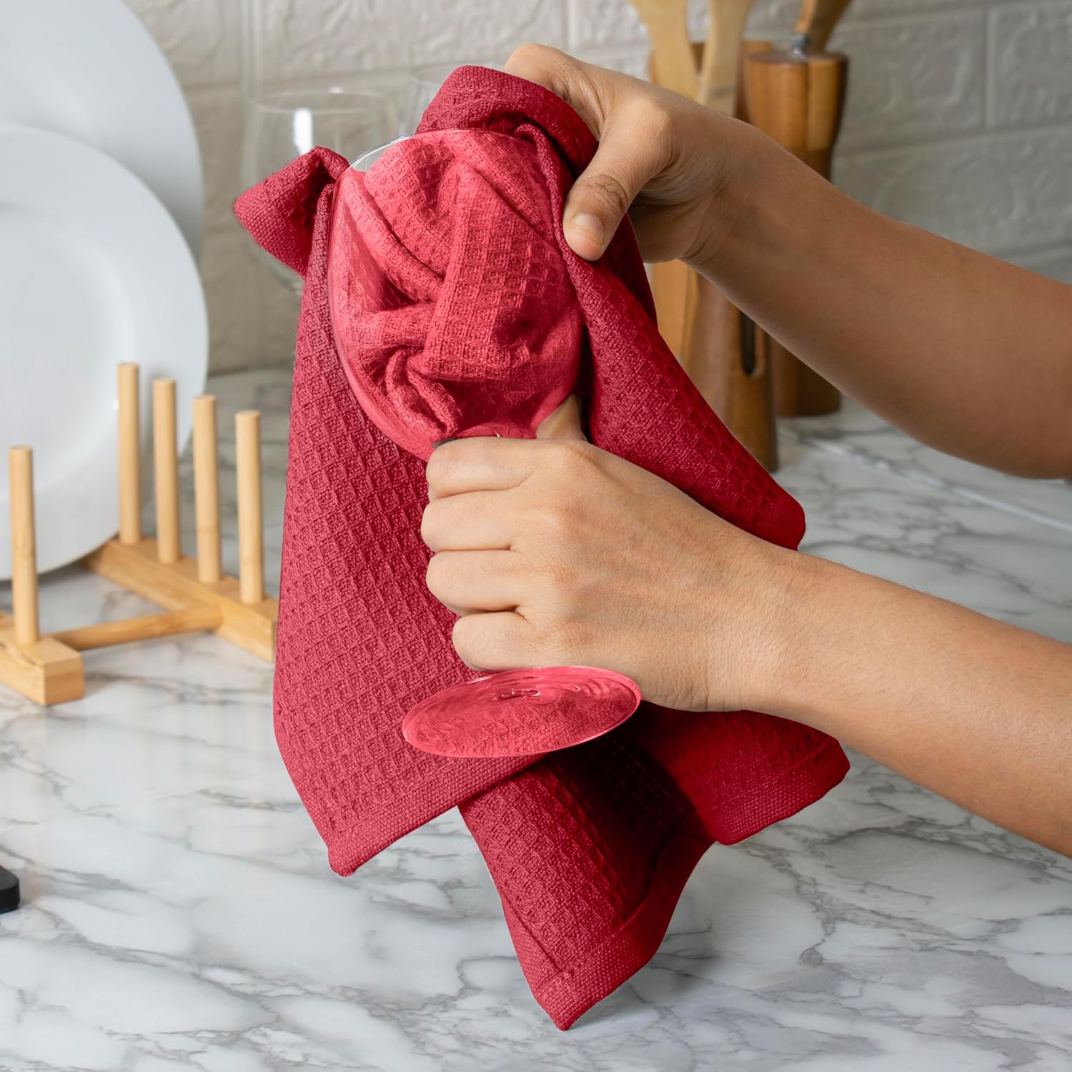 Blue Needles Waffle Weave Kitchen Towels, 15x25 Inches 100% Cotton Set of 4 Dish Towels for Kitchen, Ultra Soft & Absorbent with Hanging Loop, Spring Summer Dish Rags for Quick Drying - Burgundy - Image 7