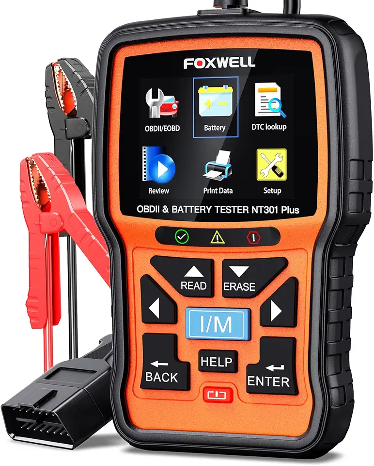 FOXWELL NT301 Plus 2 IN1 OBD2 Scanner Battery Tester, OBD2 Scanner Diagnostic Tool Check Engine Car Code Reader, 12V 100-1100 CCA Battery/Charge/Cranking Test,EVAP Live Data,Full OBDII Diagnostic