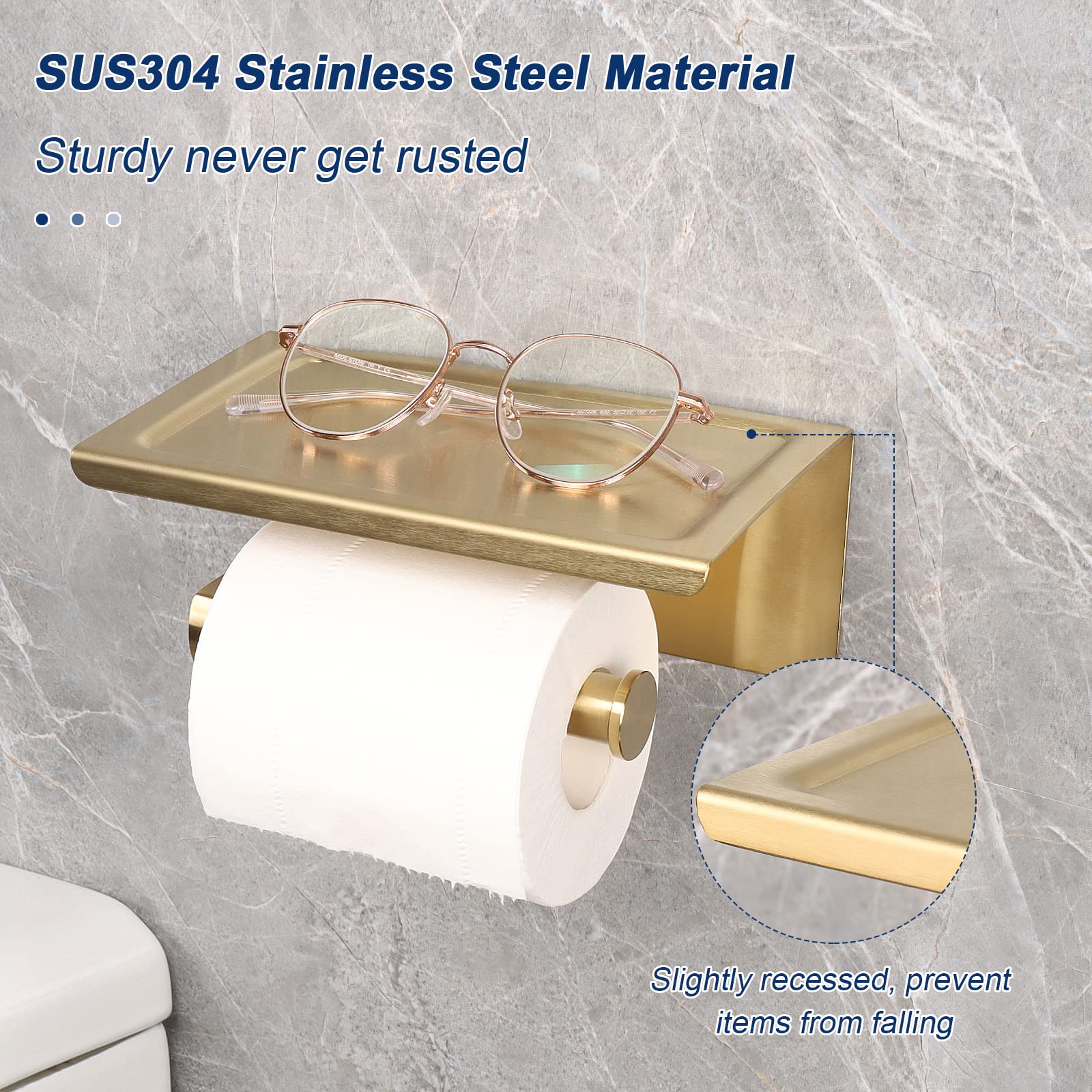 NearMoon Toilet Paper Holder with Shelf, Heavy Duty Bath Toilet Roll Holder with Phone Shelf Tissue Hanger for Bathroom/Kitchen No Drill or Wall Mounted(304 Stainless Steel, Brushed Gold) — Amazon image 3