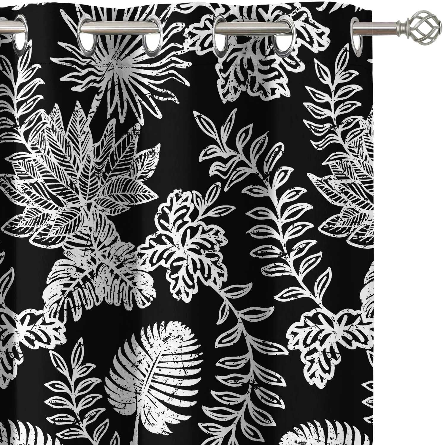 Elegant Tropical Sketch Pattern Curtains - Set of 2 Blackout Panels, 42 x 63 Inches - Noise Reducing & Energy-Efficient Room Darkening Window/Door Drapes for Modern Home Decor - Black