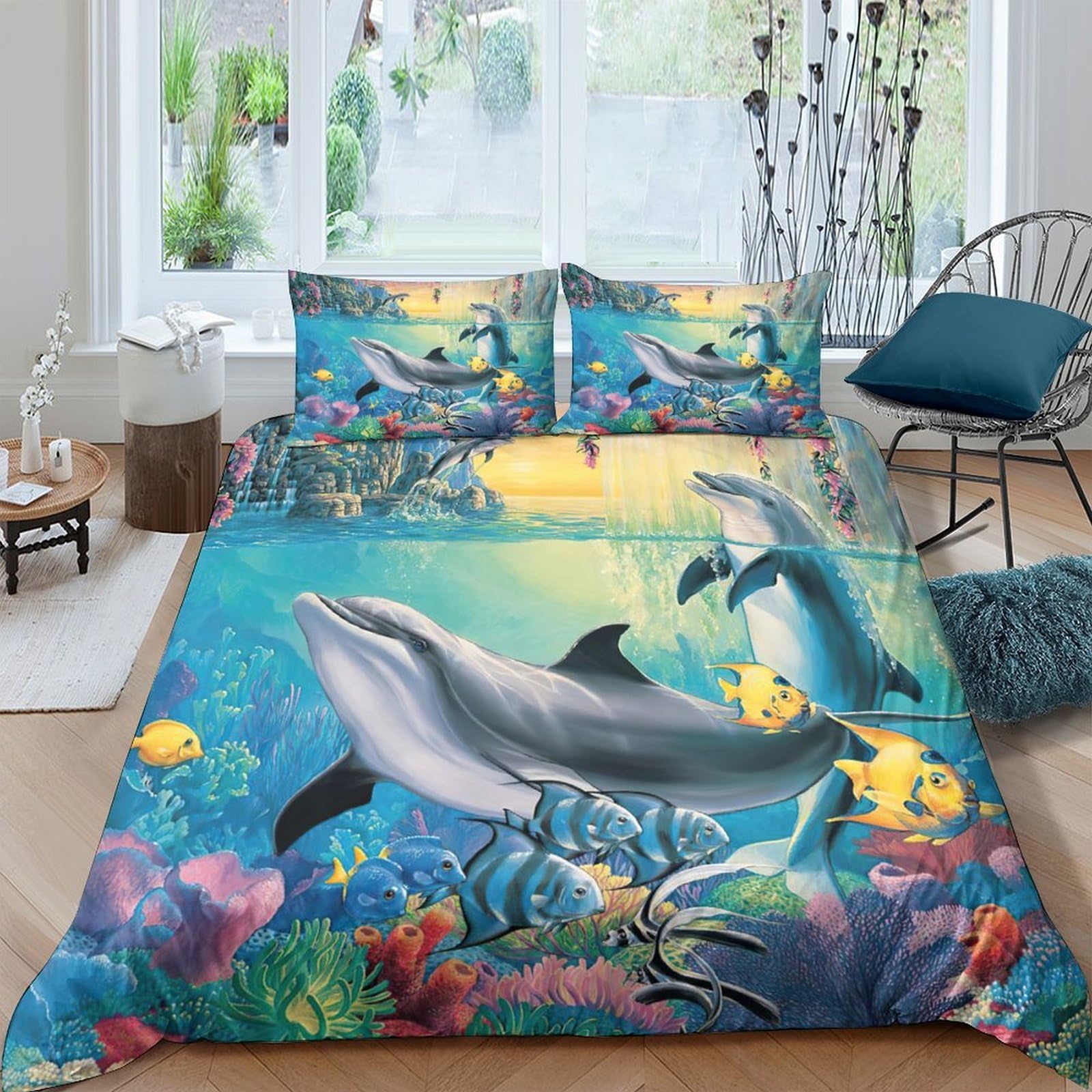 GPLZQXKJNH 3D Printed Dolphin Ocean Duvet Cover Microfiber Soft Breathable Coral Reef Bedding Set with 2 Pillowcases for Bedroom Decor Single（135x200cm）