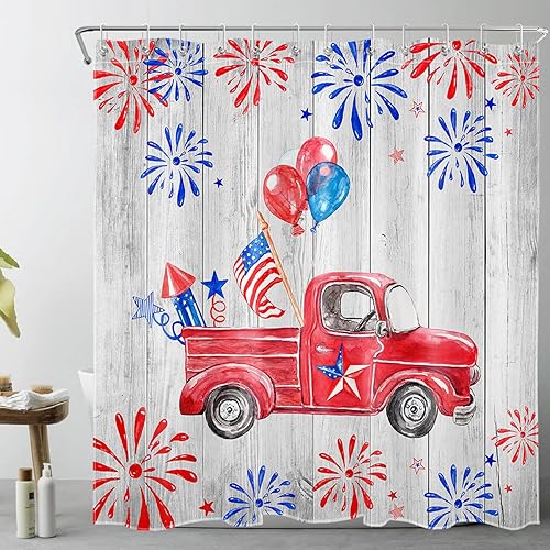 Miniatura 3 de EOBTAIN Cortina de ducha patriótica del 4 de julio para baño, bandera estadounidense y camión rojo sobre tablero de madera, cortina de ducha de tela