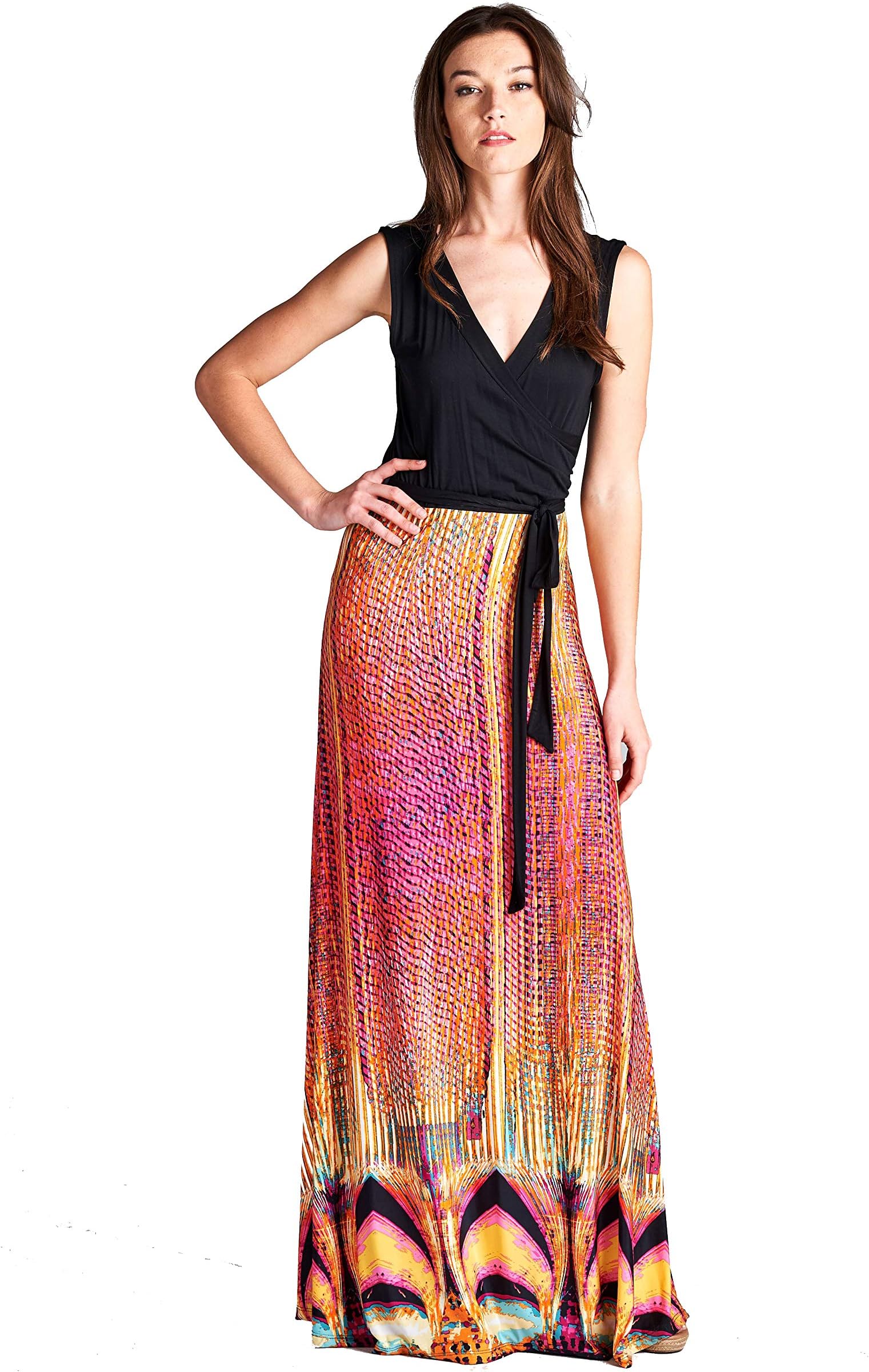 On Trend Bohemian Print Sleeveless Faux Wrap Long Maxi Dress with Belt (Small, Black Pink Mosaic)