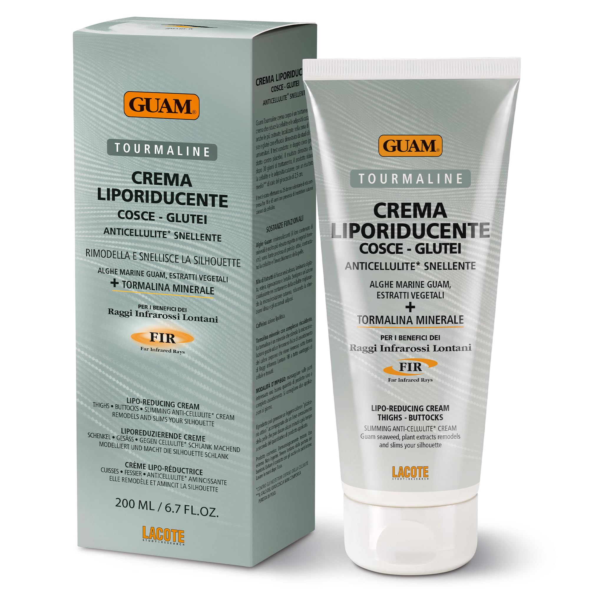 GUAM FIR Crème Amincissante Anticellulite Cuisses et Fesses - 200ml Crème Raffermissante à la Tourmaline Effet Chauffant Liporéducteur - Estompe l’Aspect de Cellulite, Favorise Fermeté et Élasticité