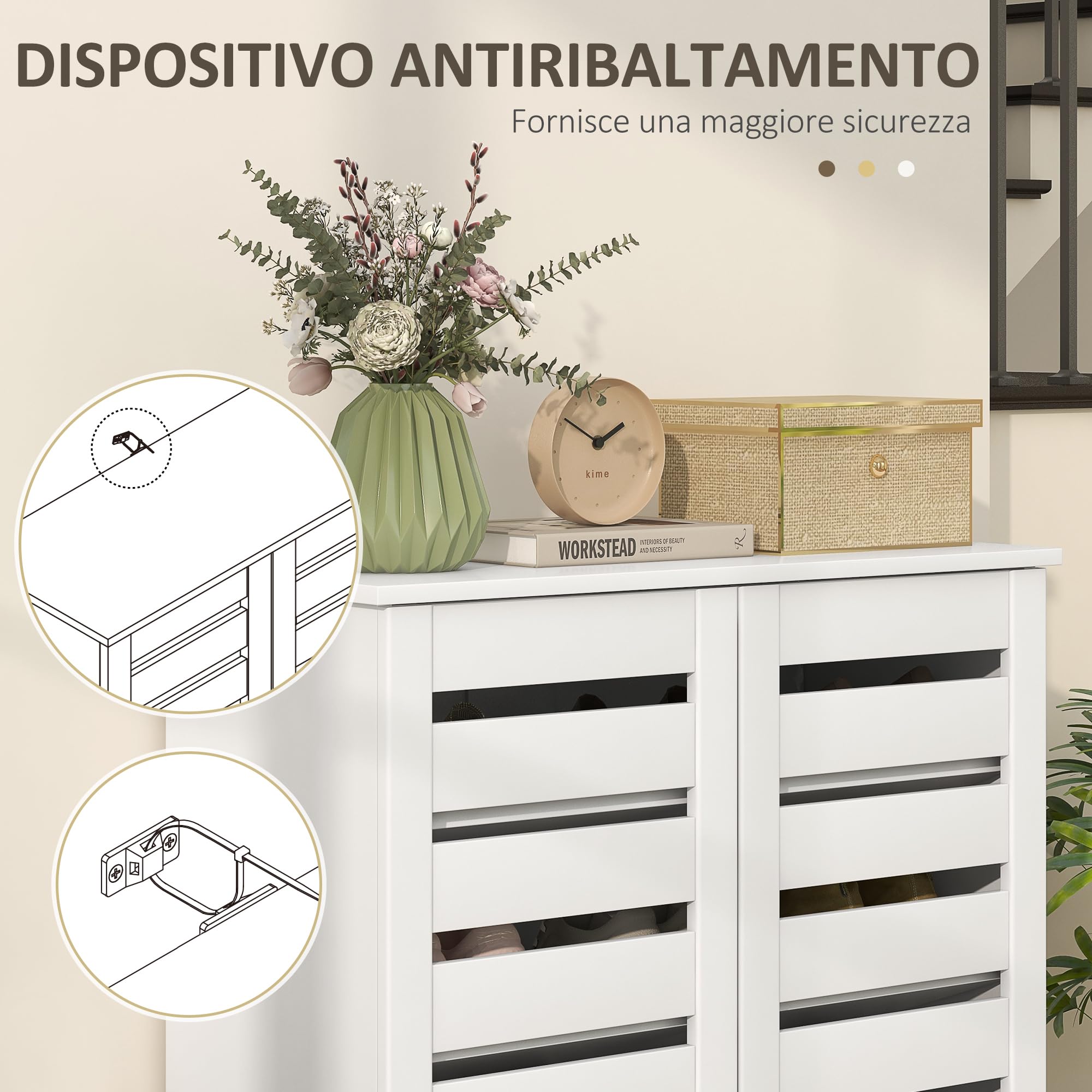 HOMCOM Mobile Scarpiera a 5 Livelli con 4 Scaffali Regolabili e Ante a Doghe, Scarpiera Moderna Salvaspazio in Legno, 76x33x98 cm, Bianco