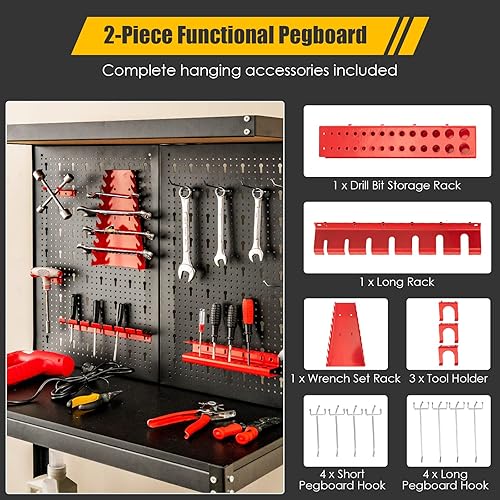 Miniatura 4 de Safstar - Banco de trabajo de 315 x 16 pulgadas banco de trabajo de madera con tablero de clavijas y 2 estantes inferiores 14 accesorios para colgar