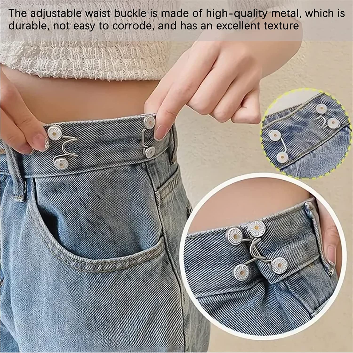 HEAVY DRIVER® 4pcs Pant Waist Tightener, Adjustable Waist Buckle Set, Extra Button for Jeans to Make Tighter, Instant Jeans Button Pins for Pants Jeans Skirts, No Sewing Required (Daisy Flower) 2