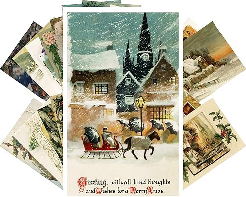 Vista 15 de Tarjetas de felicitación de Navidad vintage, 24 piezas, postales con temática navideña, colección de postales de reimpresión Violeta