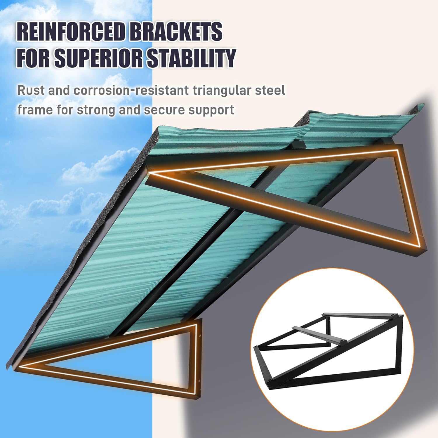 Metal Awning 52" x 31", Fixed Metal Window Awning for Door Entrance with Triangle Steel Frame, Front Door Awnings Canopy Exterior Weather Resistant for Balcony, Window, Porch, Patio, Rain Protection