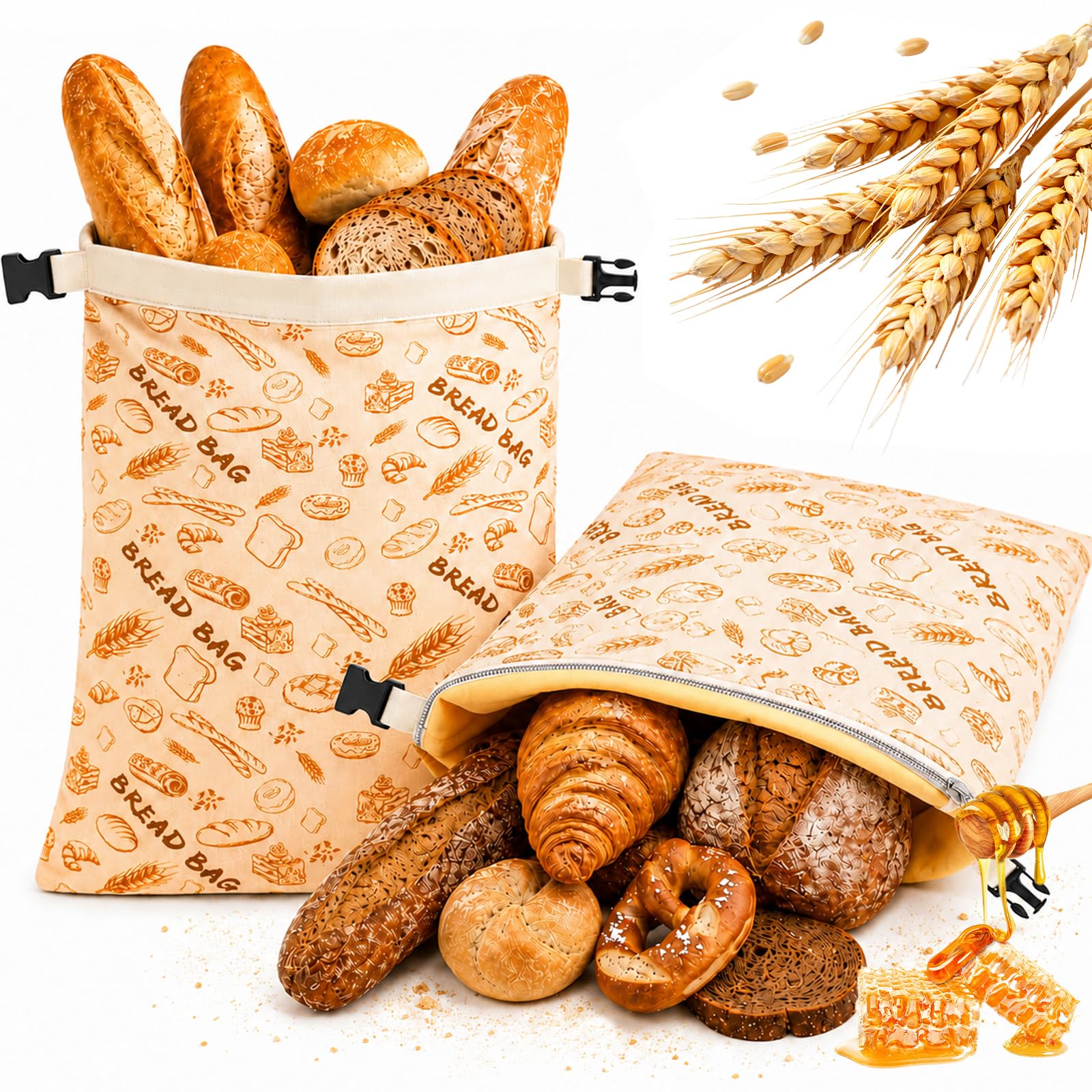 GMBANK 2Pcs Beeswax Bread Bags with Easy Access Zipper, XL 43x33cm
