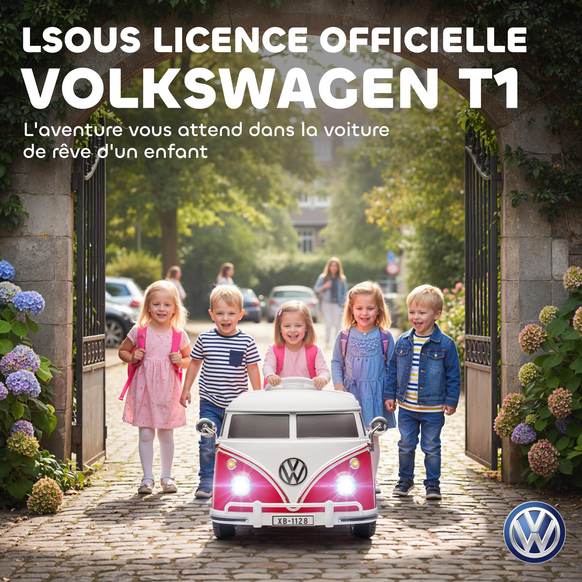 AIYAPLAY Voiture Électrique Enfant Volkswagen T1 12V 2 Moteurs Rouge | Véhicule Électrique, Démarrage Doux, Lecteur MP3, Phares LED, Klaxon