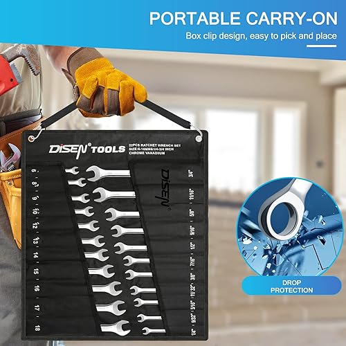 Miniatura 7 de DISEN Juego de 10 llaves de trinquete SAE y métricas con organizador de estante, acero CR-v premium, 12 puntos, 72 dientes, extremo de caja