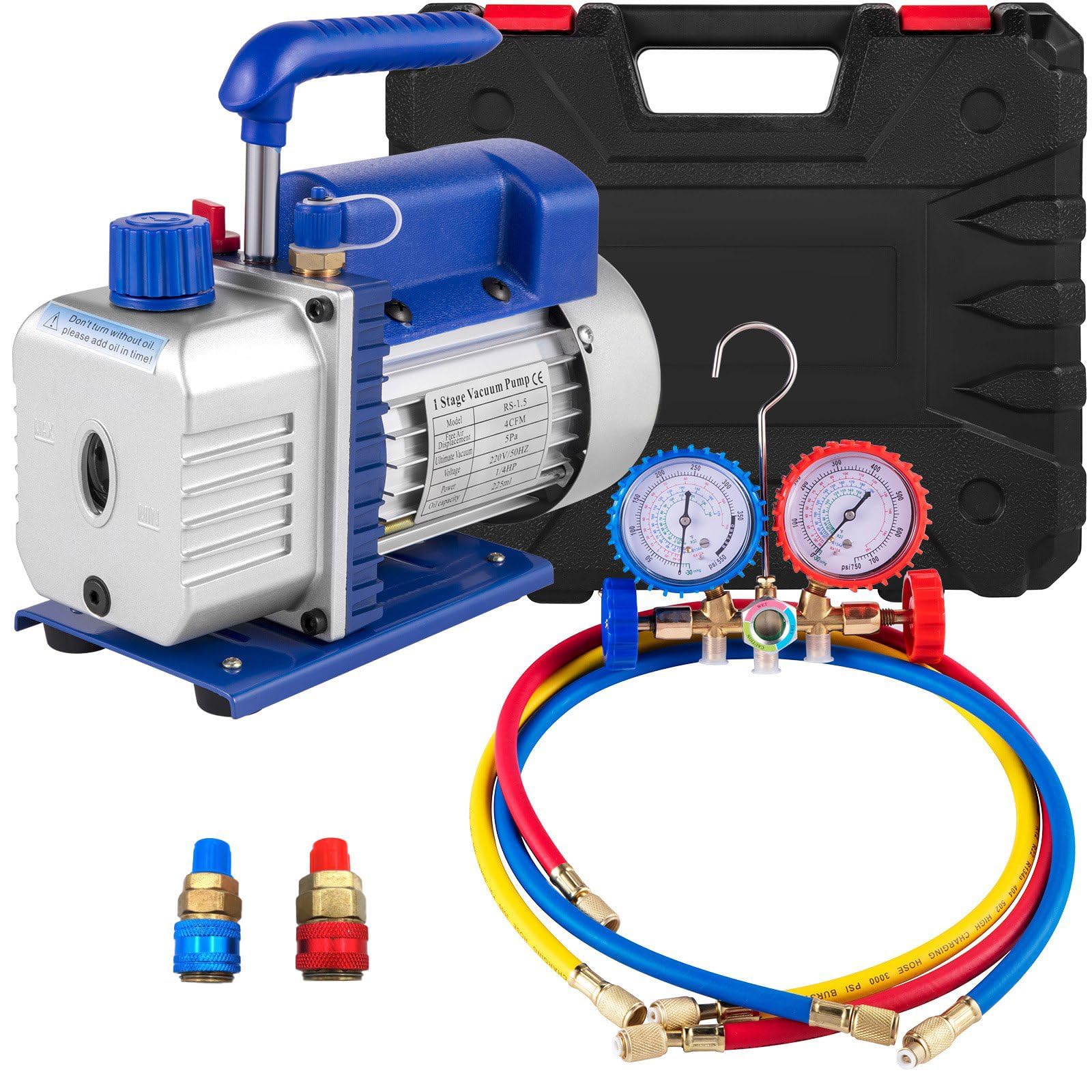 Bomba de vacío de 4 CFM, 1/3 HP, bomba de paletas rotativas de una etapa, kit de evacuación de refrigeración HVAC y aire acondicionado con cristal de mirilla de aceite, kit de manómetro y 3 mangueras