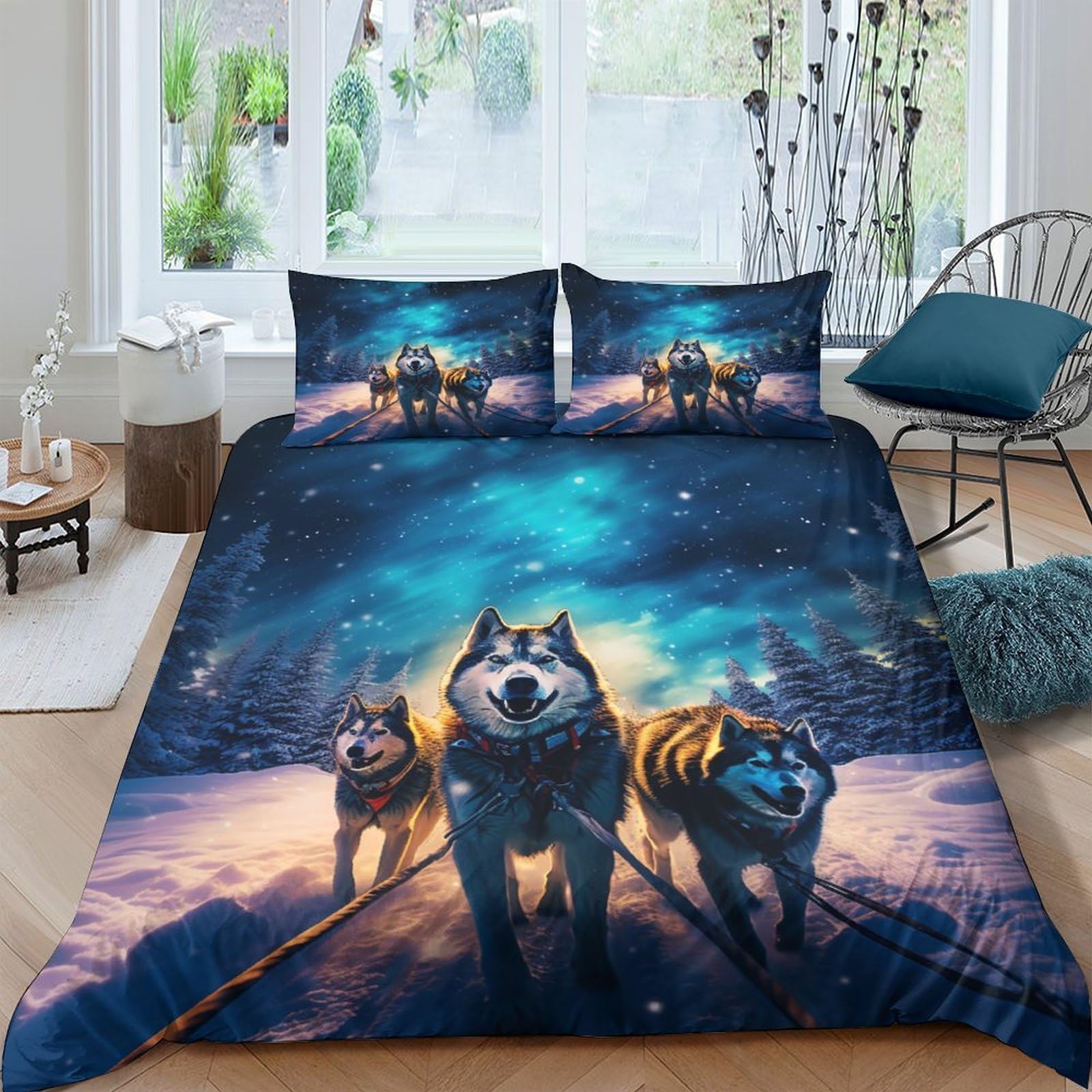 Housse de couette animaux 3D husky et chiens de traîneau, cadeau ado idéal