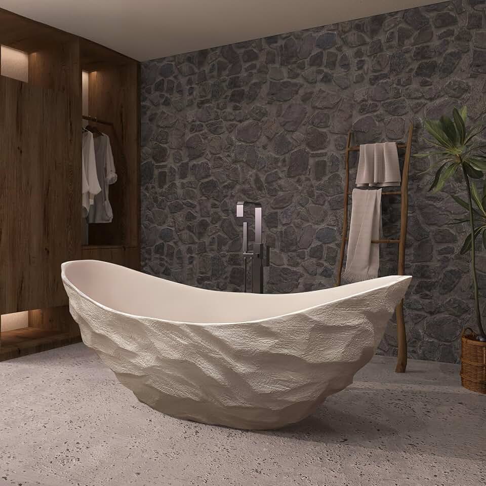 76" Edeyeu Freestanding Bathtub - Solid Surface Bathtub Soaking Tub In Designer Crescent Shape, Extra Deep Stand Alone Tub, Luxury Free Standing Spa Style For Hotel Villa Bathrooms, Beige