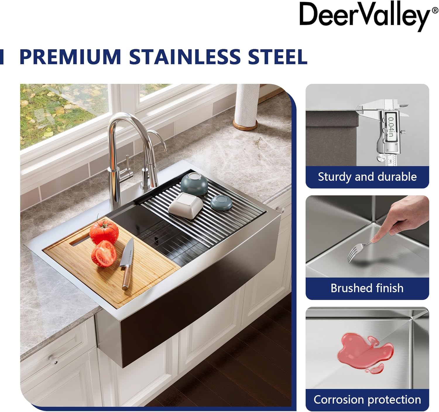 DeerValley Stainless Steel Workstation Kitchen Sink, 33 Inch Farmhouse Sink - 16 Gauge Undermount Drop-in Single Bowl Apron Front Sink with Cutting Board and Drain Assembly
