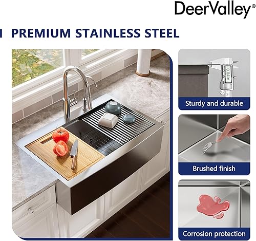 Miniatura 3 de DeerValley - Fregadero de cocina con estación de trabajo de acero inoxidable, fregadero de granja de 33 pulgadas, fregadero frontal de un solo tazón