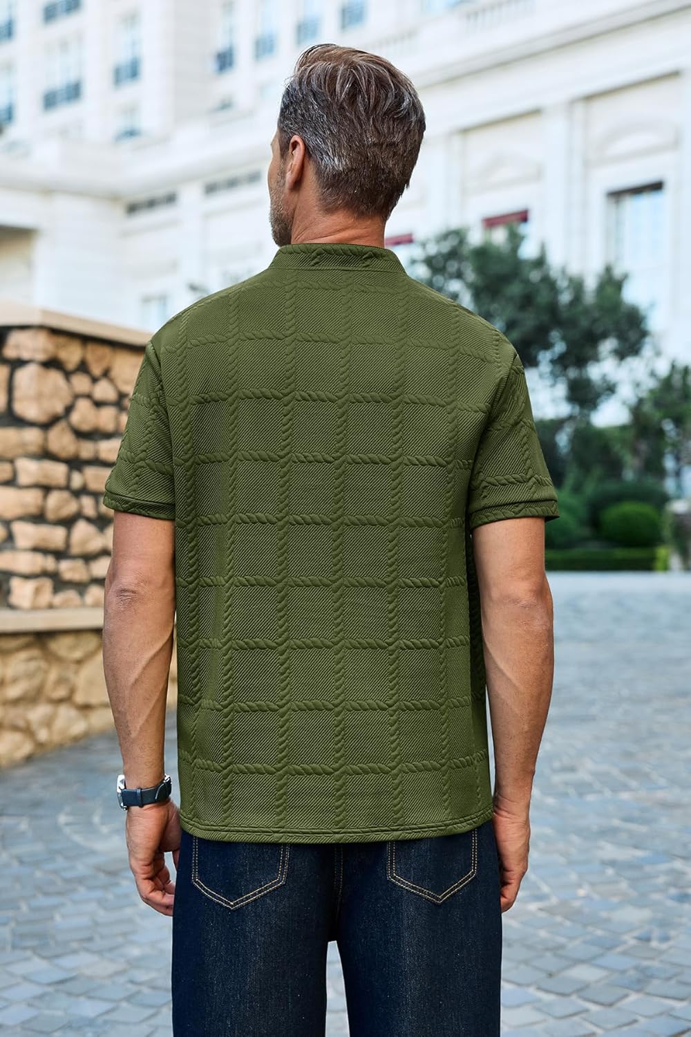 Runcati Mens Casual Henley Shirt Short Sleeve Polo Golf Shirts Textured Summer Vacation Tops - Image 3