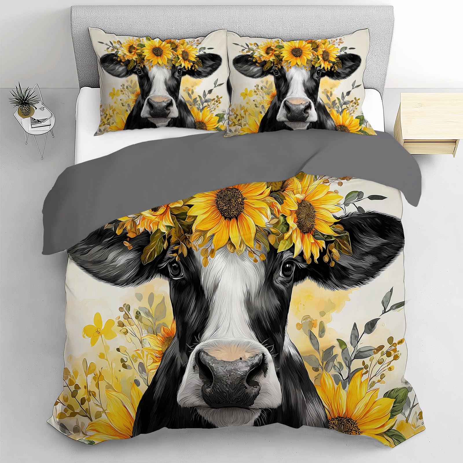 Housse de couette 200x200 microfibre zippée motif vache 3D