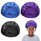 Ajcotahm 3 PCS Kids Bonnet for Boys, Silk Satin Sleeping Cap Kid Bonnets Curly Hair Wrap Elastic Wide Band Bonnet Sleep Cap for Child Toddler Teenager