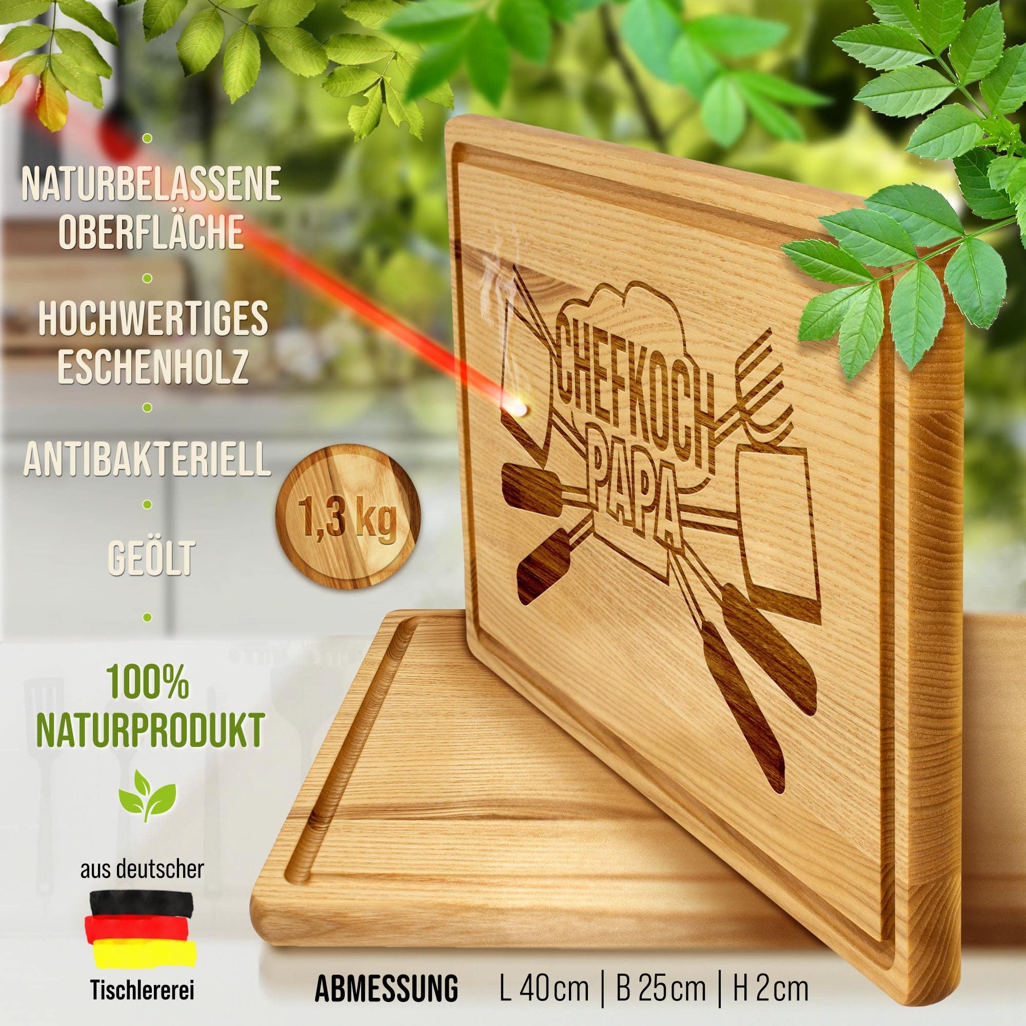 Großes Holzbrett mit Gravur - Chefkoch Papa - Schneidebrett gravieren| Eschenholz, 40 x 25 x 2 cm, Geschenk mit Gravur, Geschenk für Papa