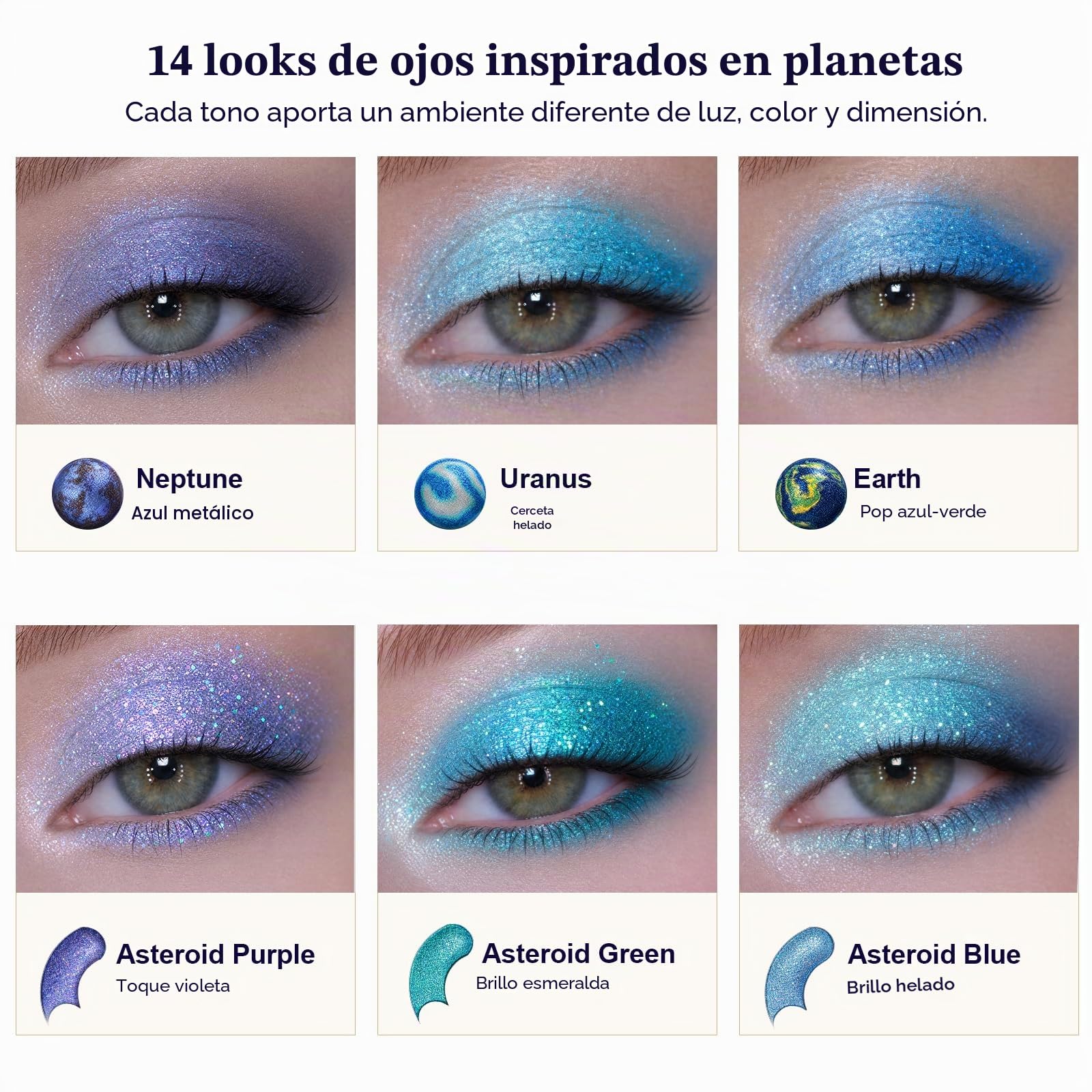 TINTARK Paleta de sombras de ojos Galactic Assemble de 14 colores, sombras de ojos metalizadas con purpurina, verde, azul, morado, marrón, crema desnuda, paleta de maquillaje, Galaxy Schminke Create