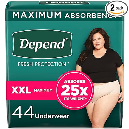 Depend FIT-FLEX Incontinence Underwear For Women, Disposable, Maximum Absorbency, XXL, Blush, 44 Count (2 Packs of 22) (Packaging May Vary)