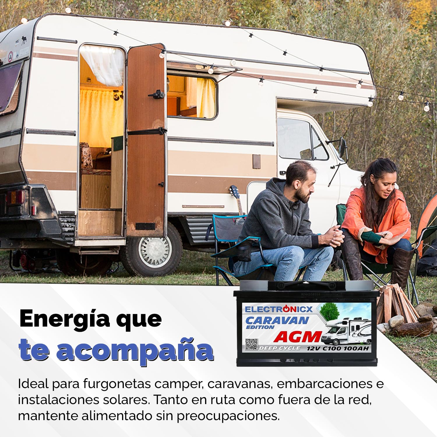 Electronicx batería AGM Caravan 12V 100Ah / 100 Ah deep cycle sellada sin mantenimiento, polo positivo a la derecha – batería para autocaravana, caravana, solar – 278×175×190mm