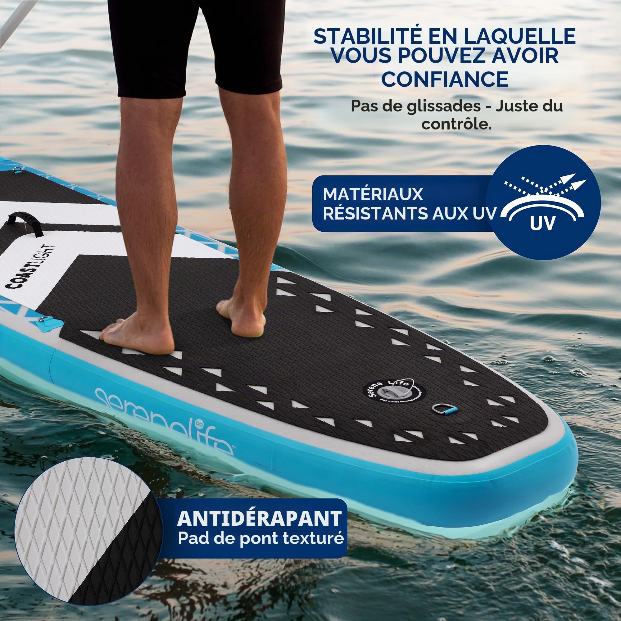 SereneLife Paddle Gonflable Adulte 305 x 81 cm – Stand Up Paddle Gonflable Stable et Antidérapant avec LED et Accessoires pour Lac et Rivière