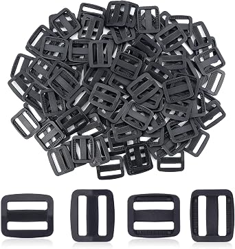 100 PCS Black Plastic Tri-Glide Slides Button, Bulk Adjustable Webbing Slides Adjusters for Belt, Backpack and Bags, 0.79 Inch Inner Length