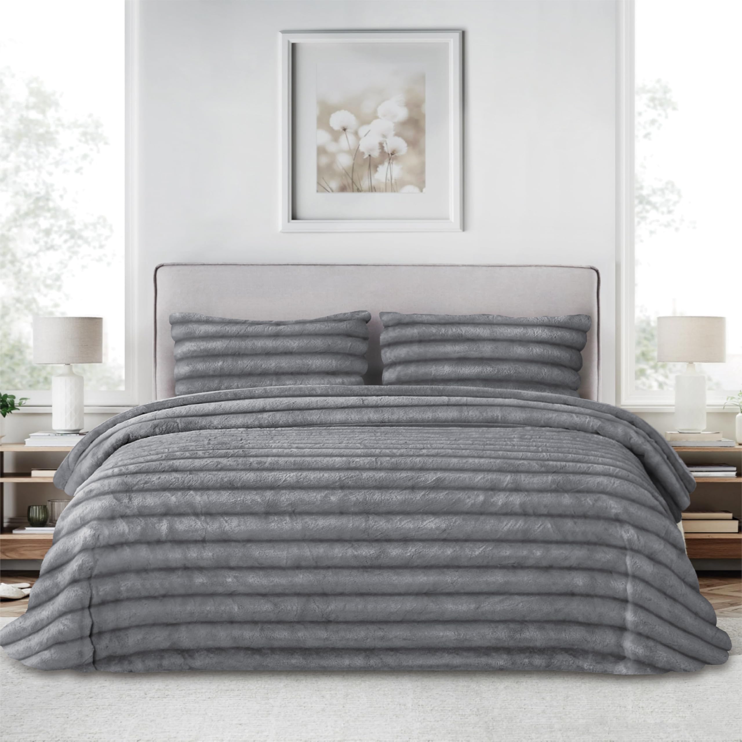 V&L Edredón Comforter Piel de Conejo Imitación con Diseño de Ondas y Reverso de Sedalina – 800 g/m² Relleno Fibra – Súper Suave y Cálido – Incluye Funda(s) de Cojín - 80723-GRIS-90