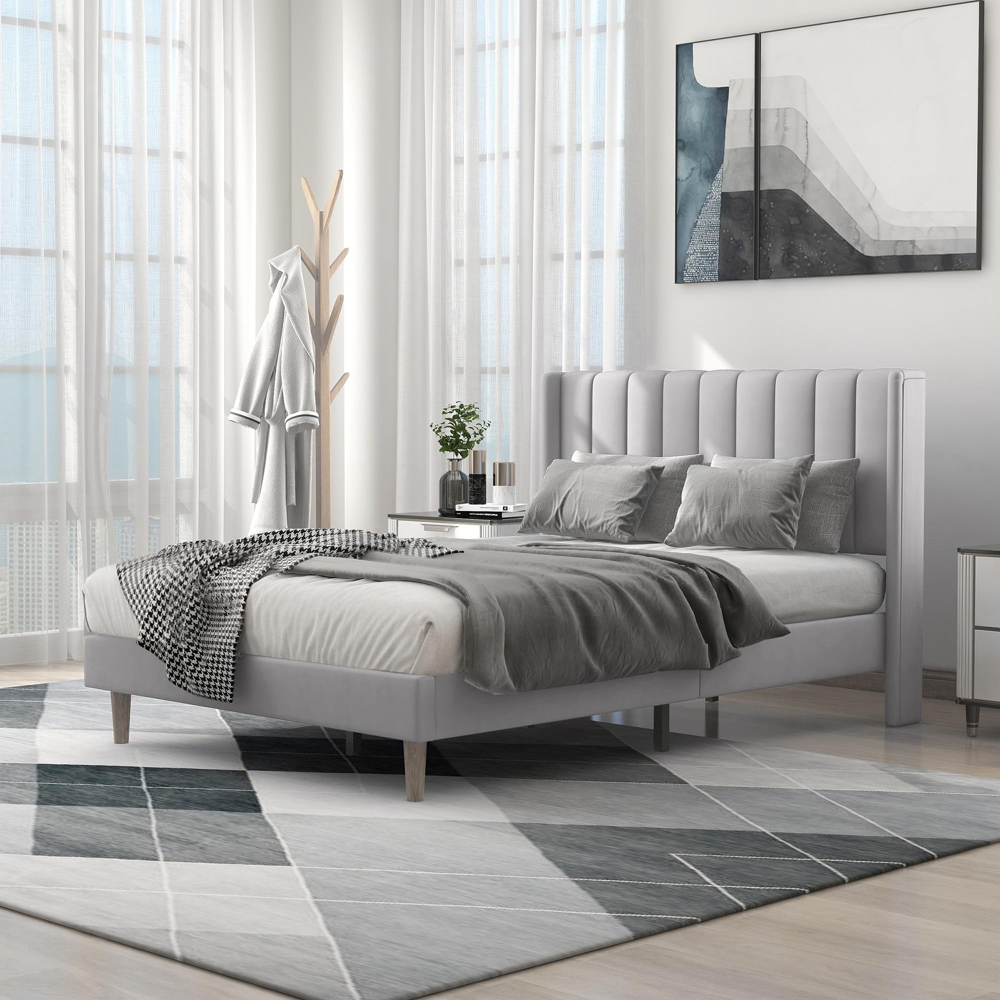 Assembled alazyhome Full Size Bed Frame with a mattress and bedding.