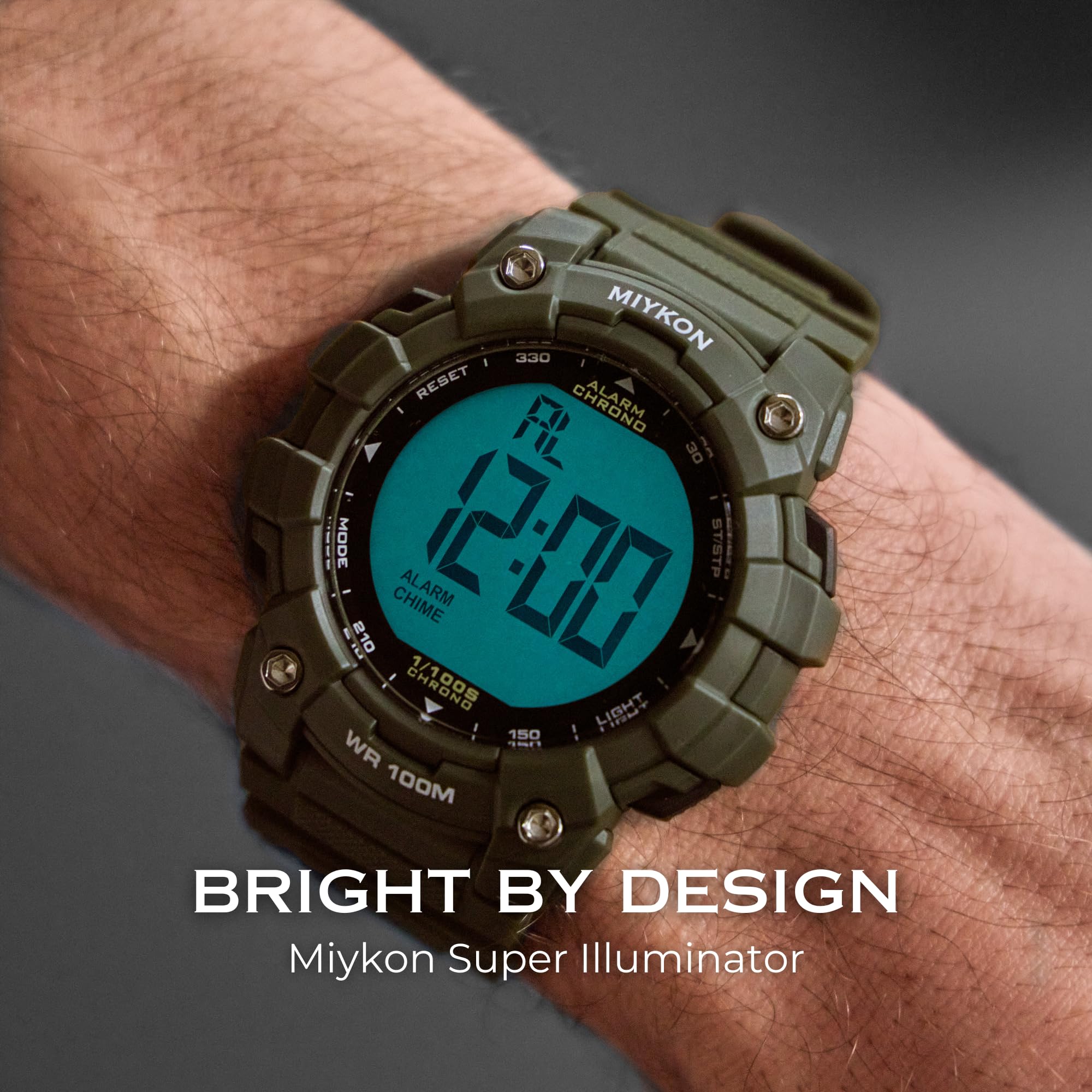 Miykon Orologio militare da uomo, grande display, tattico, costruito con resina antiurto, impermeabile fino a 100 m, orologio sportivo digitale, super illuminante, cronometro, sveglia, doppio fuso