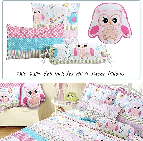 Miniatura 2 de Cozy Line Home Fashions Happy Owl - Juego de ropa de cama reversible de 6 piezas, color rosa, colcha para niñas (1 edredón + 1 funda + 4 almohadas