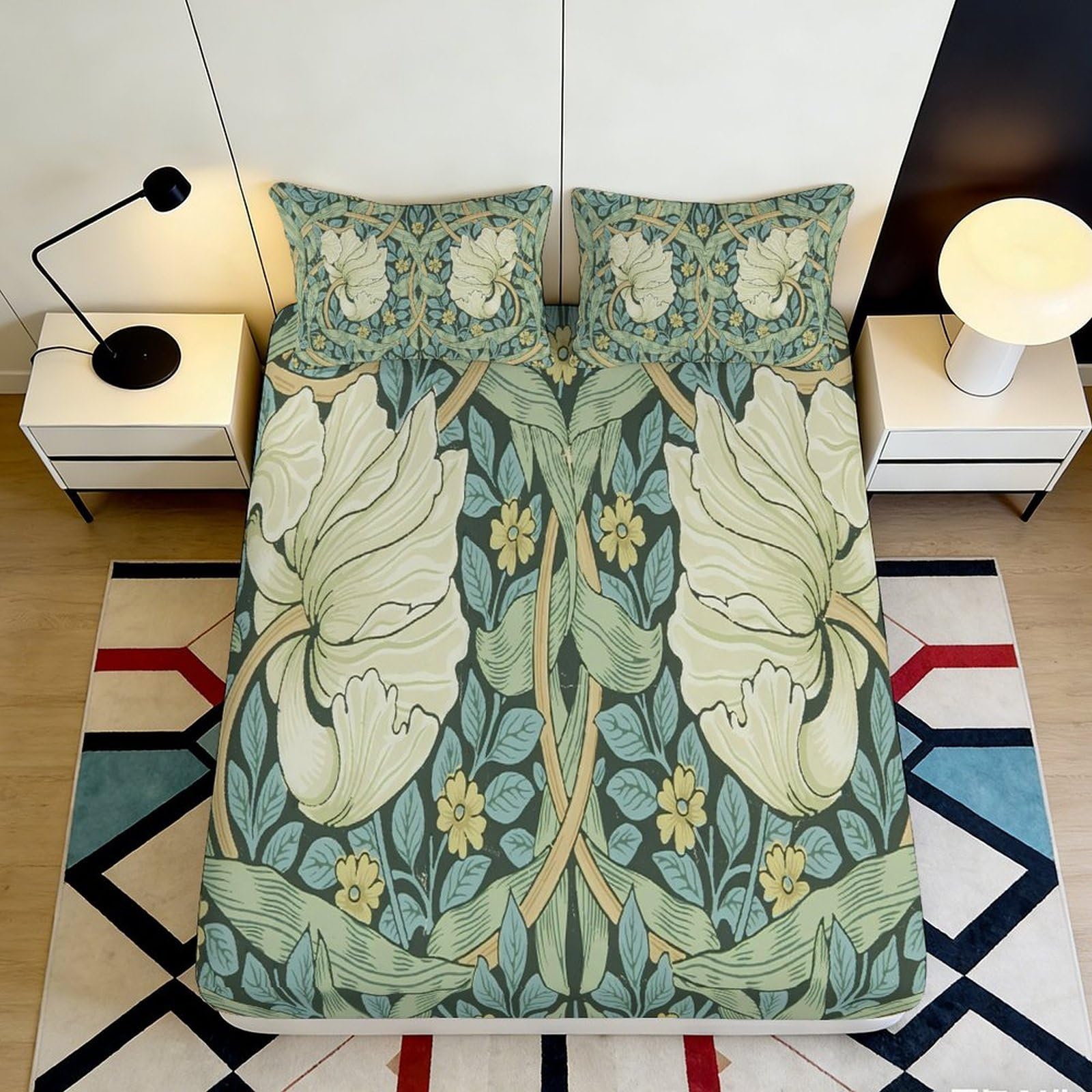 3D Printed Art Nouveau Leaf Fitted Sheet Microfiber Soft Mattress Cover Botanical Bedroom Decor Dustproof 90x200x25cm