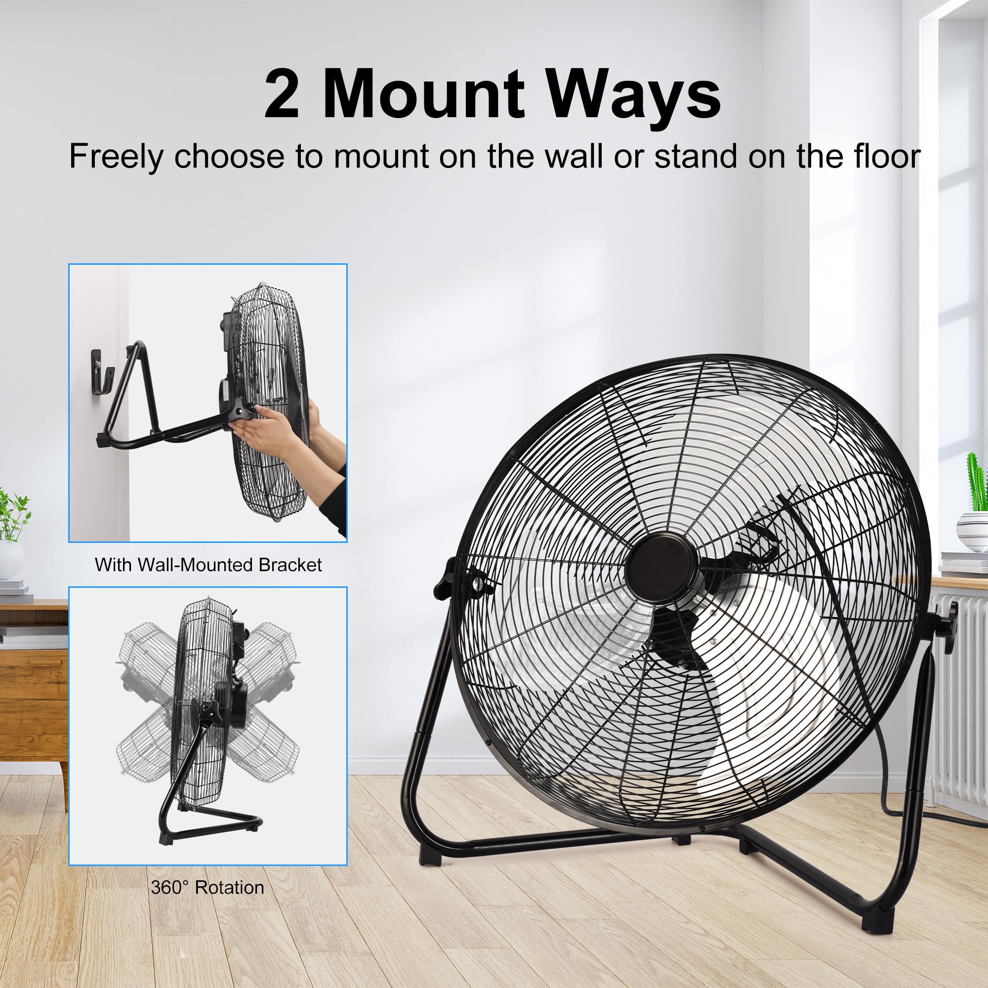 Uthfy Ventilador de alta velocidad, 50,8 cm, ventilador de suelo industrial de metal de 3 velocidades, inclinación de 360°, para almacén, taller, fábrica y sótano, negro